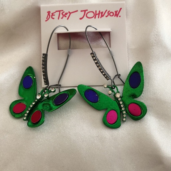 Betsey Johnson Hematite Tone Green Metallic Butterfly Drop Earrings NWT - Picture 8 of 10